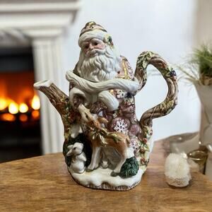FITZ & FLOYD SNOWY WOODS Santa & Woodland Creatures Snowflakes Teapot & Lid 1996